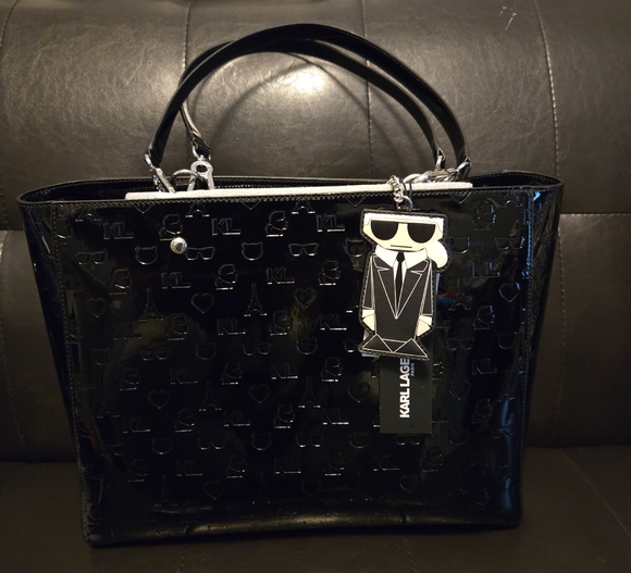 Karl Lagerfeld Handbags - Karl Lagerfeld Glossy Black Tote with Iconic Charm